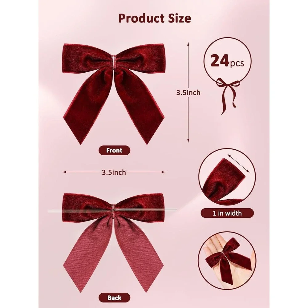 24Pc Burgundy Velvet Twist Tie Bows w/ Clips Gift Wrapping Crafts DIY Decor